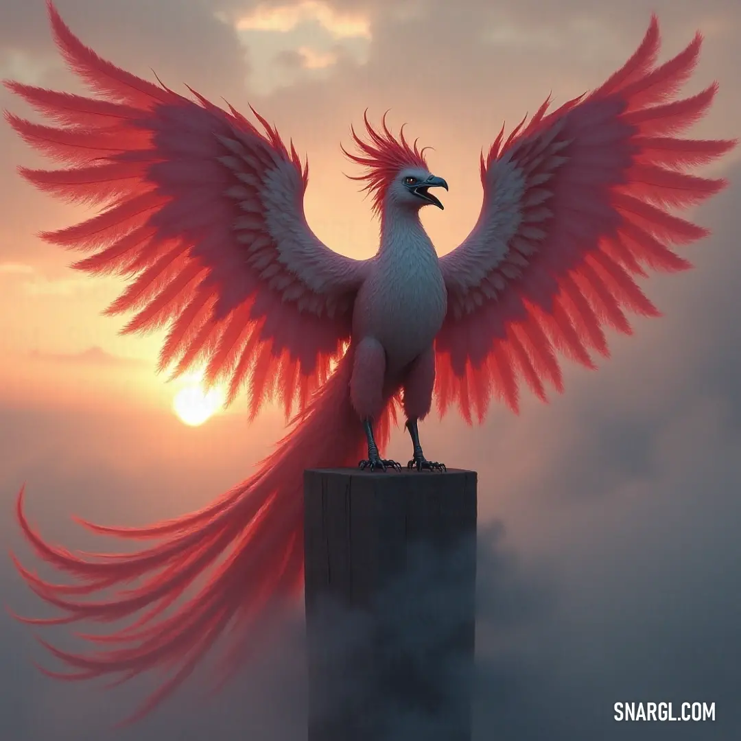 A majestic Celestial Phoenix with bright red feathers standing tall on a stone pillar, bathed in the sunlight of a breathtaking sunset. A magnificent Celestial Phoenix with vibrant red feathers perches atop a stone pillar, gazing into the distance as the golden sun sets behind it, casting a warm glow over the scene and highlighting its fiery plumage.