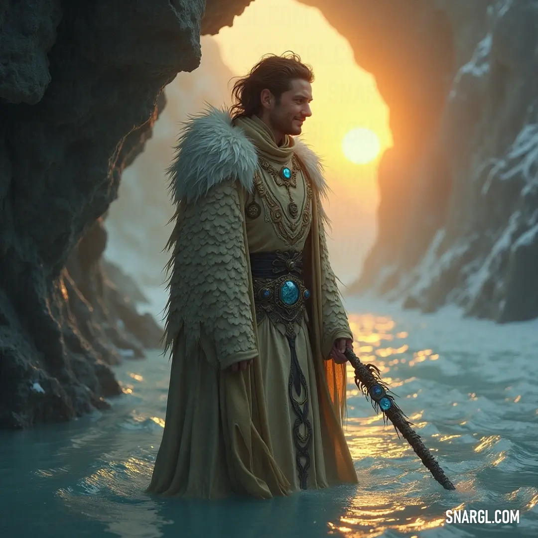 A regal figure stands confidently in tranquil waters, grasping a sword while the backdrop of a cave creates a mystical aura. The reflection on the water surface adds depth to the scene, emphasizing the character's strength and the nature surrounding them.