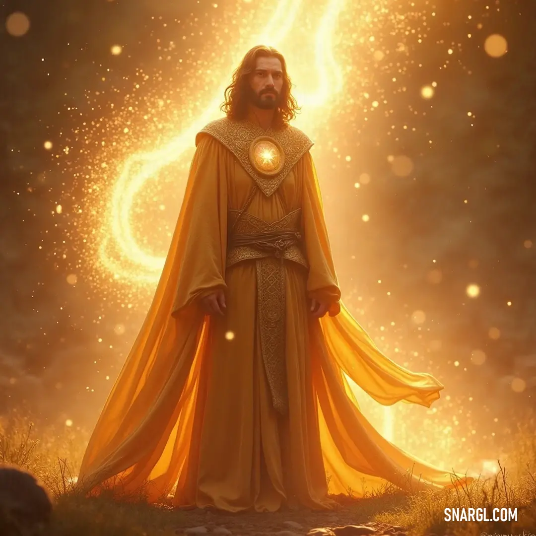 A radiant figure clad in a yellow robe stands in a sunlit field, a halo gently illuminating their presence. The backdrop of soft light and the verdant landscape creates an extraordinary scene that evokes feelings of peace and enlightenment.