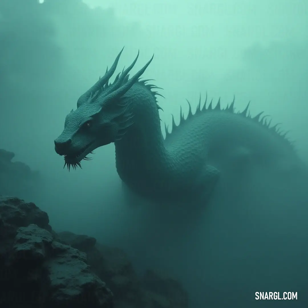 Serpentine Majesty: The Celestial Serpent on a Fog-Covered Rock A mesmerizing Celestial Serpent rests atop a rocky outcrop in the water, its mouth open, shrouded in swirling fog, creating a hauntingly beautiful silhouette that merges seamlessly with the mystical ambiance of its surroundings.