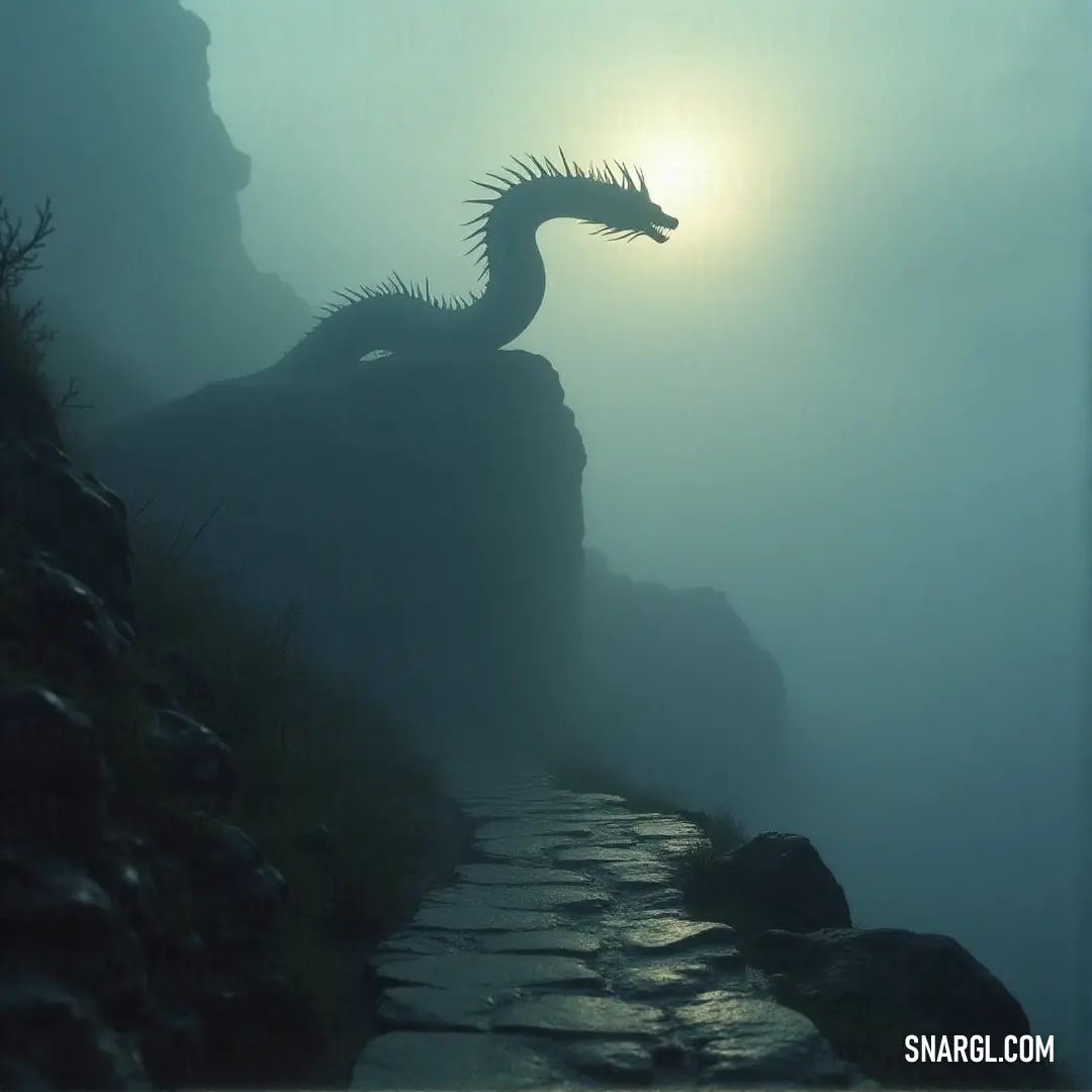 A majestic celestial serpent statue lies along a misty mountain path, bathed in the golden light of the sun breaking through the fog. A stone path winds through fog-covered mountains, where a celestial serpent statue rests, its form rising gracefully. The light of the sun shines through the mist, casting a golden glow on the ancient stone.