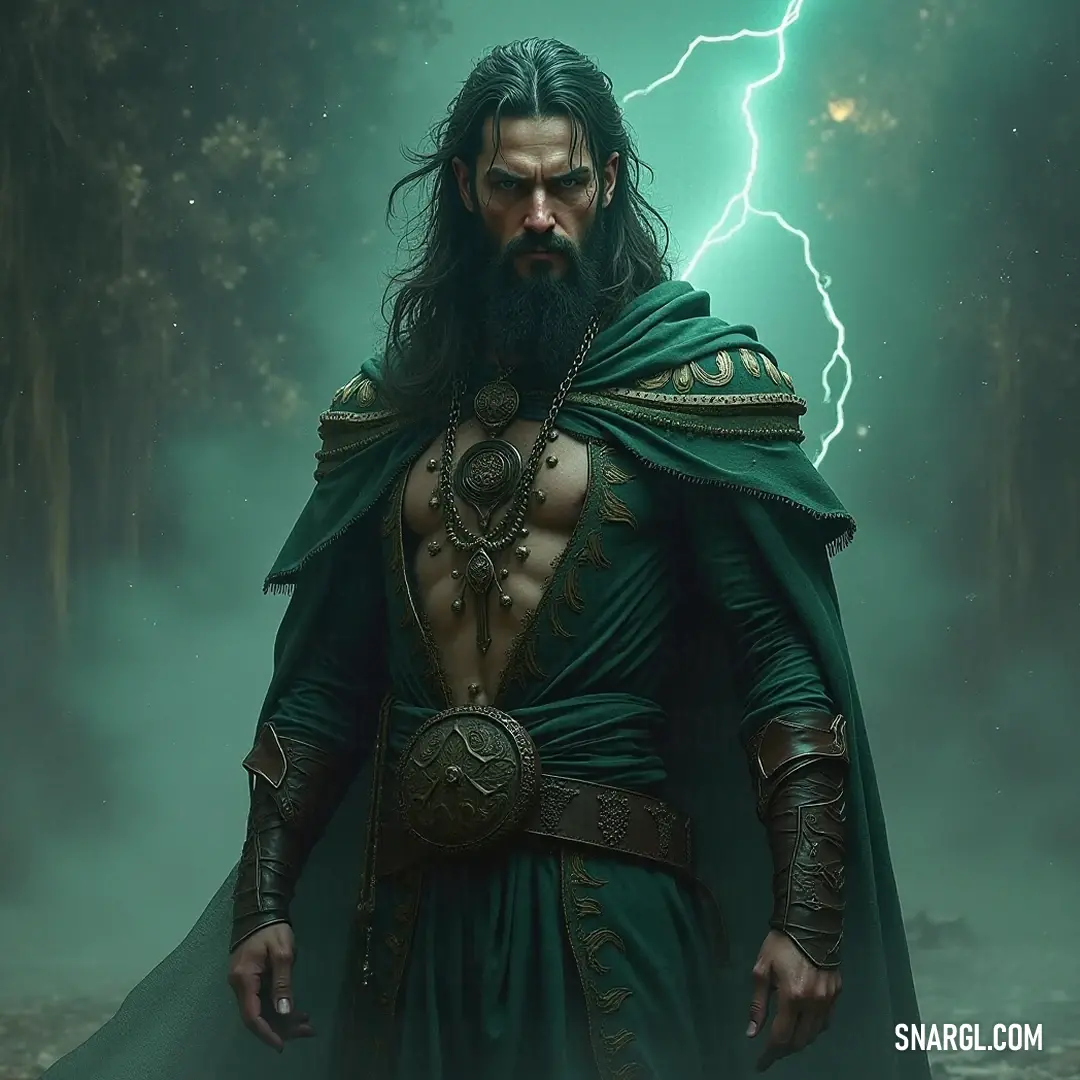 A dynamic Celestial Shaman in a green cape, striking a powerful pose, channels the forces of nature and lightning, revealing a connection to the elemental world. The Celestial Shaman, cloaked in a vibrant green cape emblazoned with a powerful lightning bolt, stands resolute as natural energies swirl around him, embodying the very spirit of nature's fury and grace.