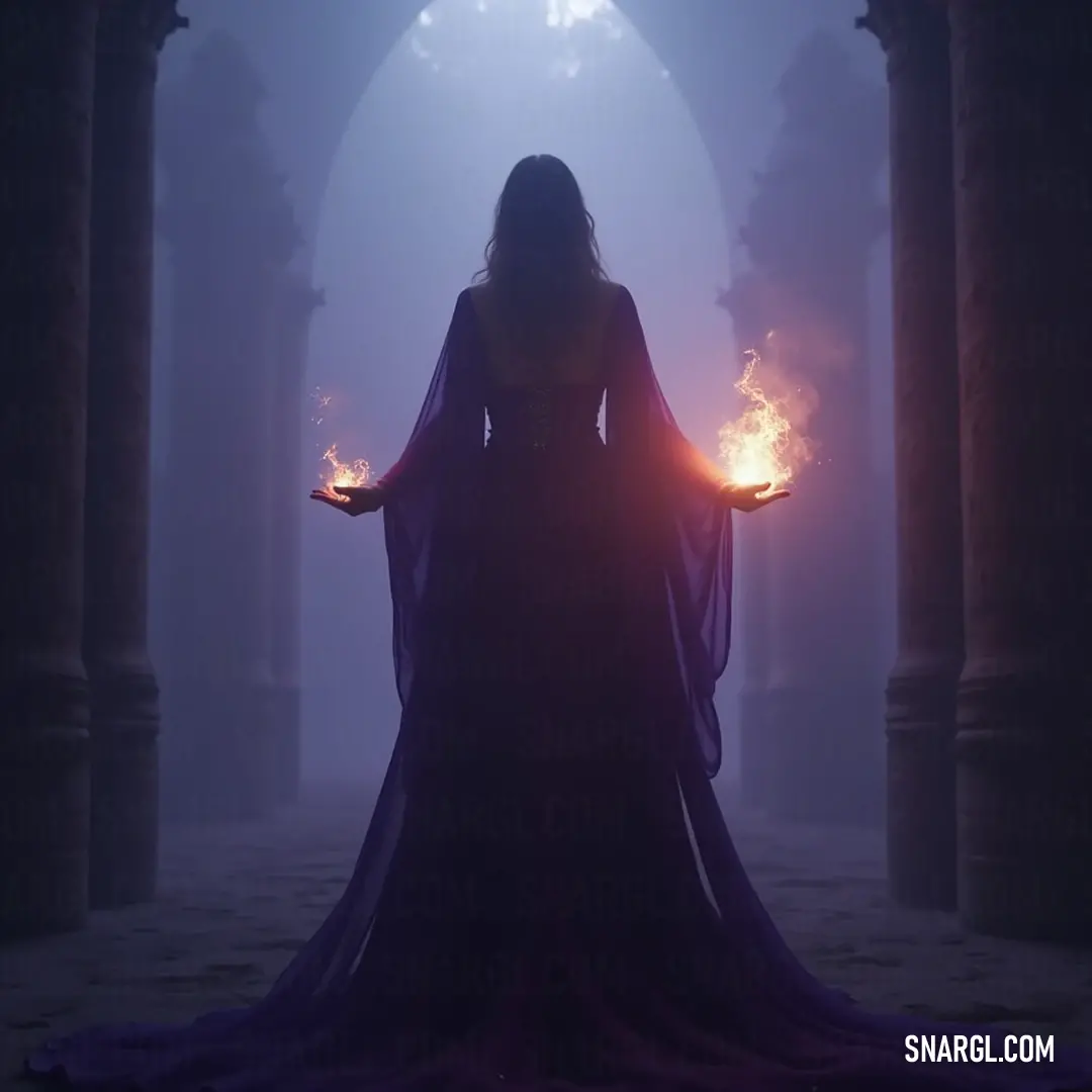 Enigmatic Celestial Sorceress in a flowing gown, holding torches amidst the dark arches of an ancient room, radiating magic and allure. Enchanting portrait of a Celestial Sorceress adorned in an elegant long dress, gracefully holding illuminating torches amidst the shadows of an ancient, arched chamber that evokes a sense of mystery and wonder.
