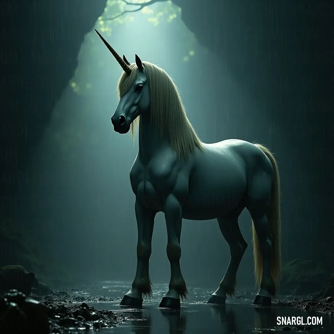 A majestic Celestial Steed with a glowing horn, standing in the rain beneath a tree, evoking a sense of otherworldly wonder. A magnificent Celestial Steed stands proudly in the rain, its long, spiral horn glistening as raindrops fall around it. A towering tree stretches behind, its branches swaying gently in the downpour, creating a mystical atmosphere.