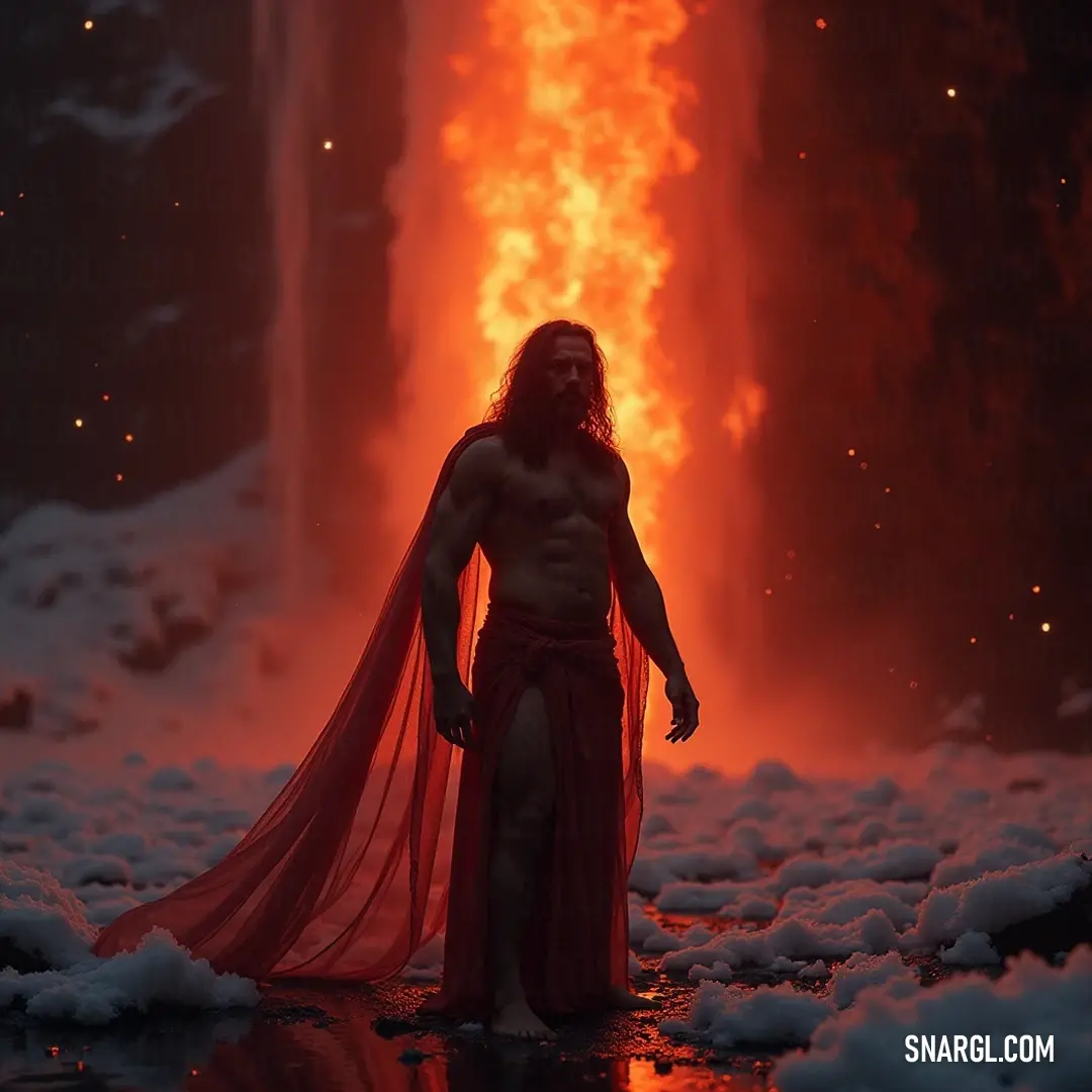 In a vibrant tableau of fire and ice, the Celestial Warden, draped in a striking red cape, stands resolute before cascading waters, symbolizing unparalleled strength and the harmonious duality of nature's elements, a protector of balance and beauty. Set against a breathtaking backdrop of a fire and ice waterfall, the Celestial Warden in a majestic red cape stands proudly, embodying the balance of elements as he becomes a bridge between the realms of fire and ice, a true guardian of harmony in nature.