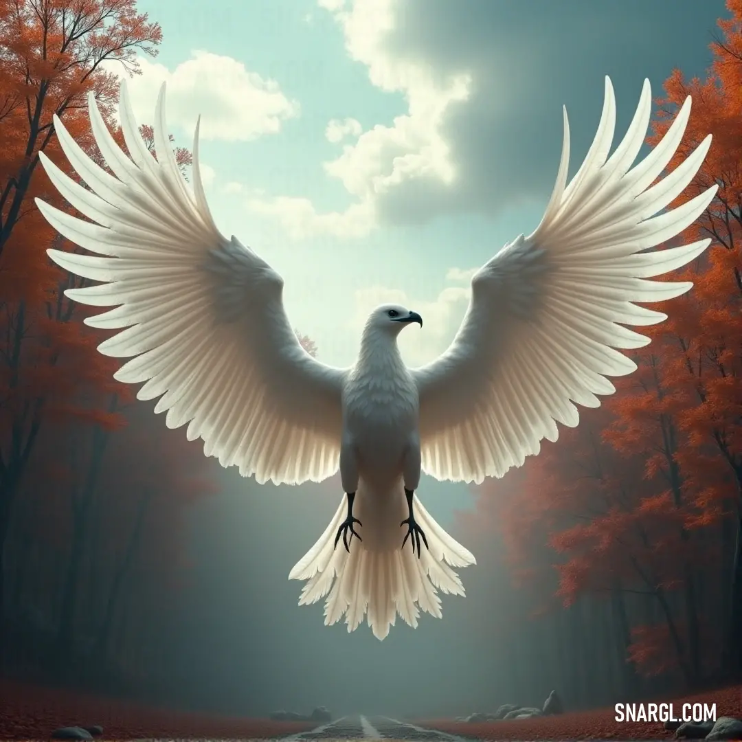 A White Celestialwing in mid-flight, wings spread elegantly above a lush forest, with the soft light filtering through the trees creating a serene and peaceful atmosphere. A White Celestialwing soars gracefully through the air, its wings spread wide as it glides above a forest of towering trees, bathed in soft, dappled sunlight.