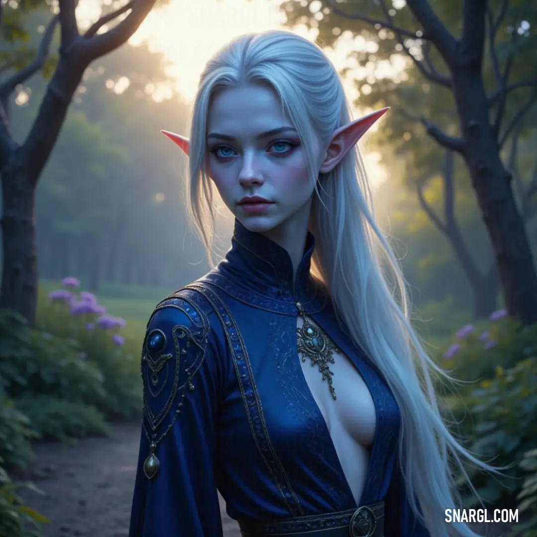 An enchanting figure of Celestine of the Harvest, adorned with long flowing blonde hair, striking blue eyes, and a whimsical blue outfit. Her red nose and prominent horns add to her forest-dwelling charm as she stands amidst lush greenery, characterizing 