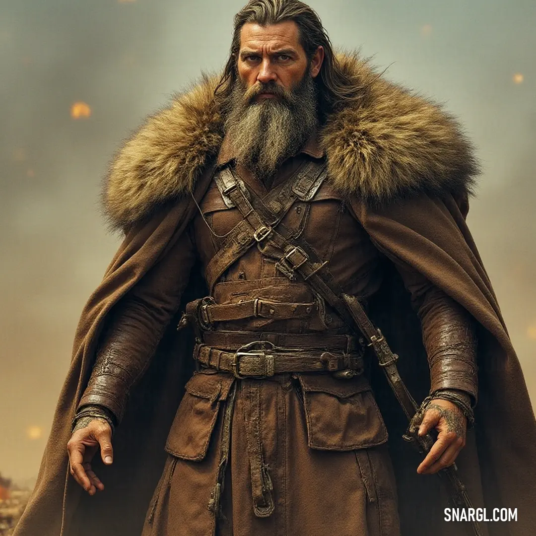 A whimsical character with a luxurious fur-lined collar and beard stands out in a rich brown outfit, creating a magical presence amidst a frosty backdrop. A whimsical character with a thick beard and a luxurious fur-lined collar is dressed in a rich brown outfit. The details of the attire and the flowing fur cape create a magical and warm appearance against a frosty backdrop.