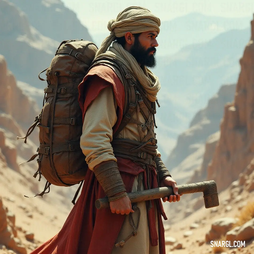 A rugged adventurer with a beard and scarf stands resolutely in the wilderness, ready for exploration while clutching a large stick, embodying the spirit of adventure. A rugged adventurer with a beard confidently holds a large stick as a makeshift weapon. Sporting a backpack and a stylish scarf, he stands ready for exploration amidst the enchanting wilderness.