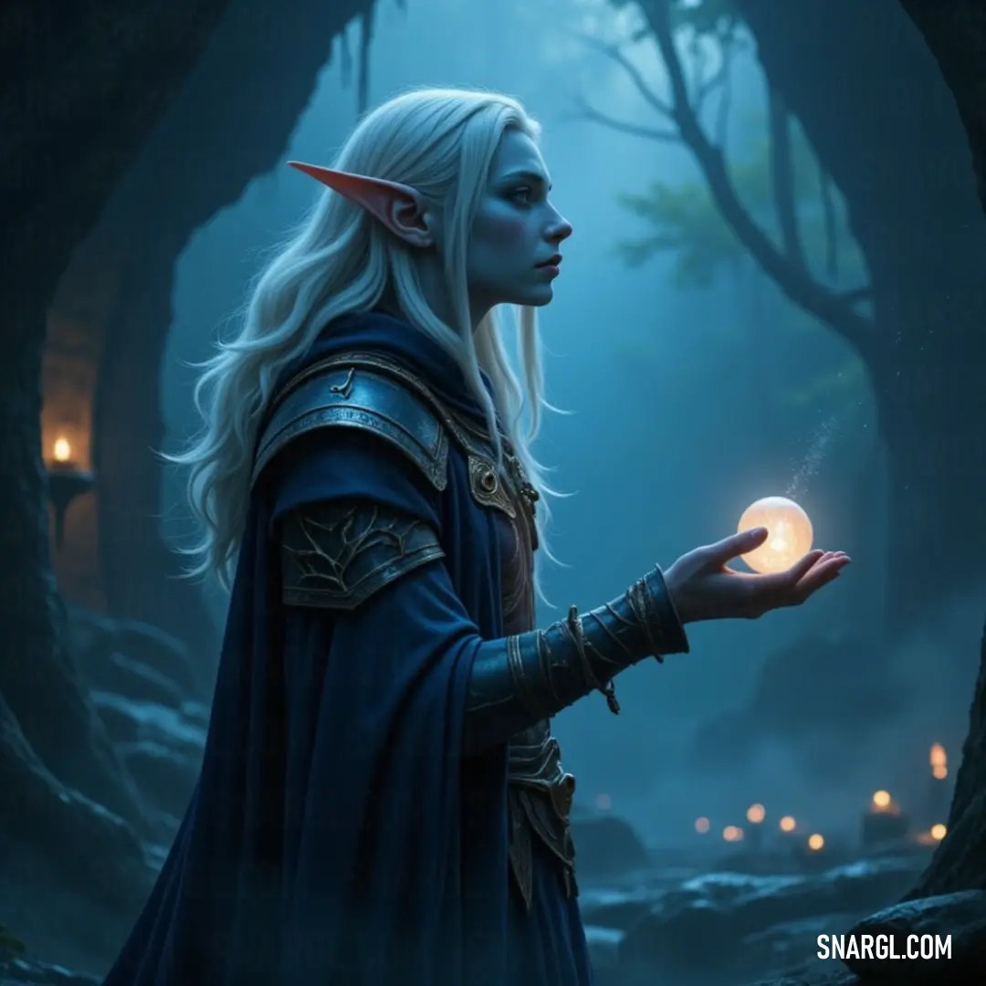 Bathed in moonlight amidst an enchanting forest, a Cenarion Druid clad in a shimmering blue dress cradles a glowing orb. The magical light dances on her face, enhancing the surroundings and casting a mystical spell over the nighttime realm.