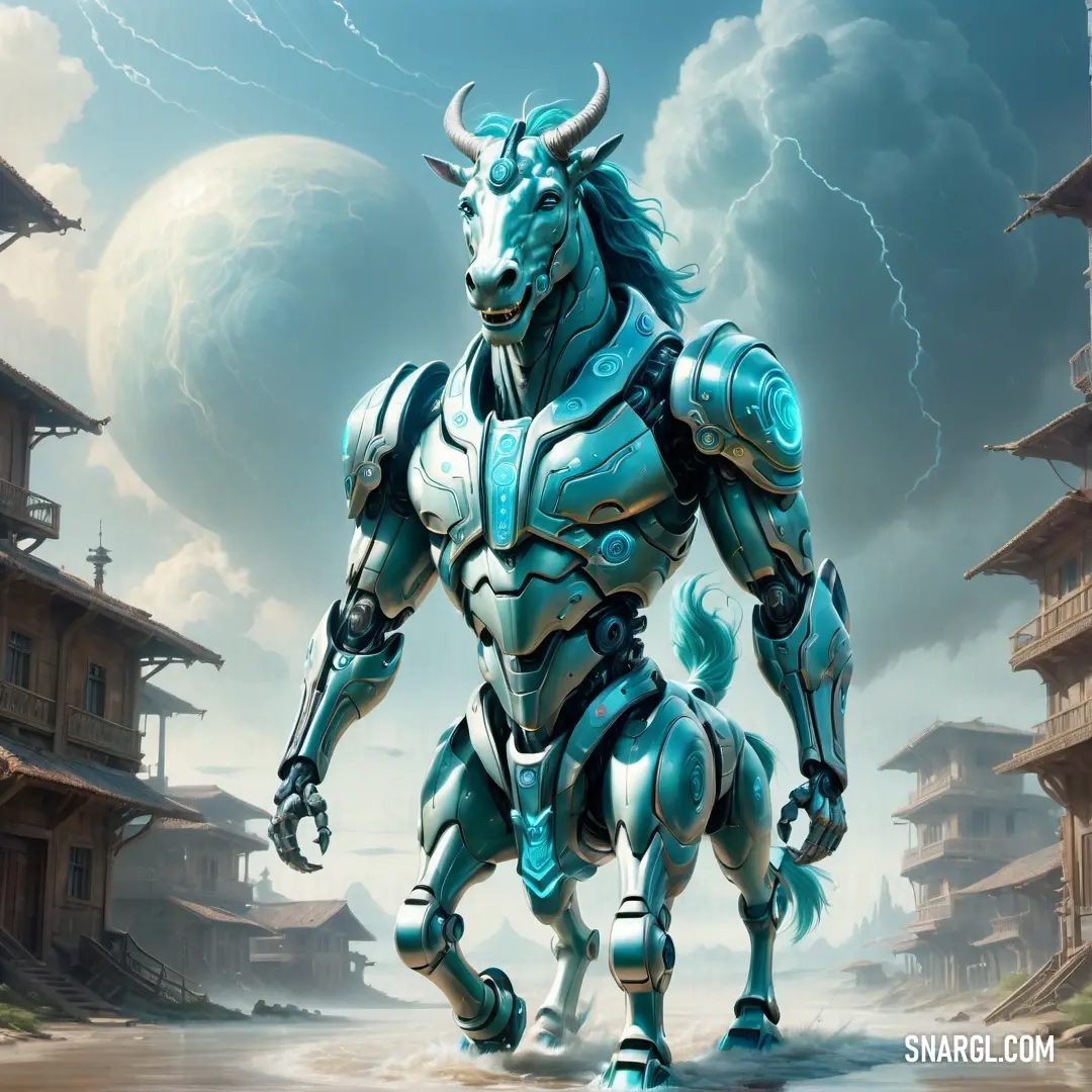 Blue and white Centaur horse standing in front of a city with a lightning bolt in the sky above
