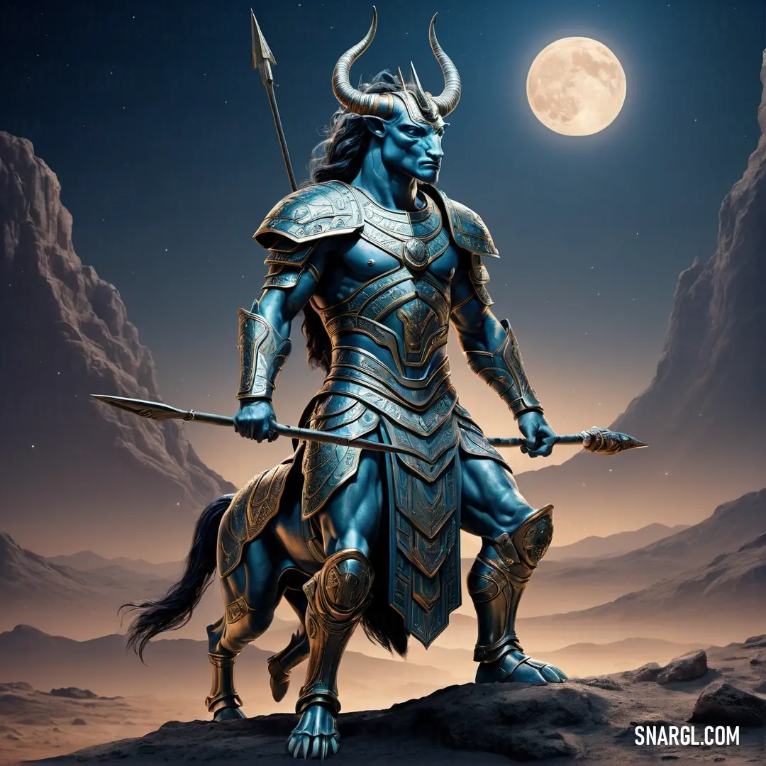 Digital painting of a male Centaur in armor on a horse with a sword and a spear in his hand