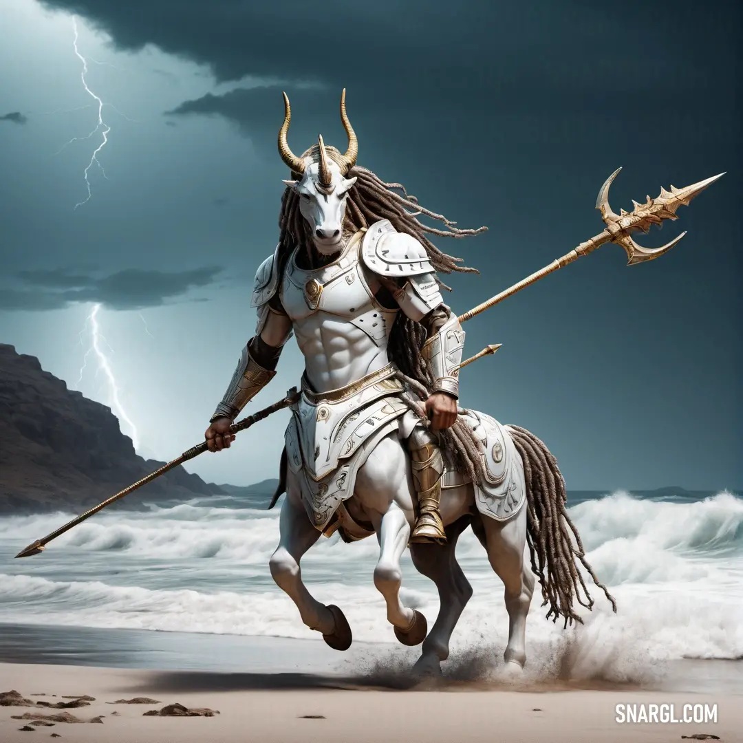 Centaur dressed as a warrior on a horse on a beach with a lightning bolt in the background and a storm cloud in the sky