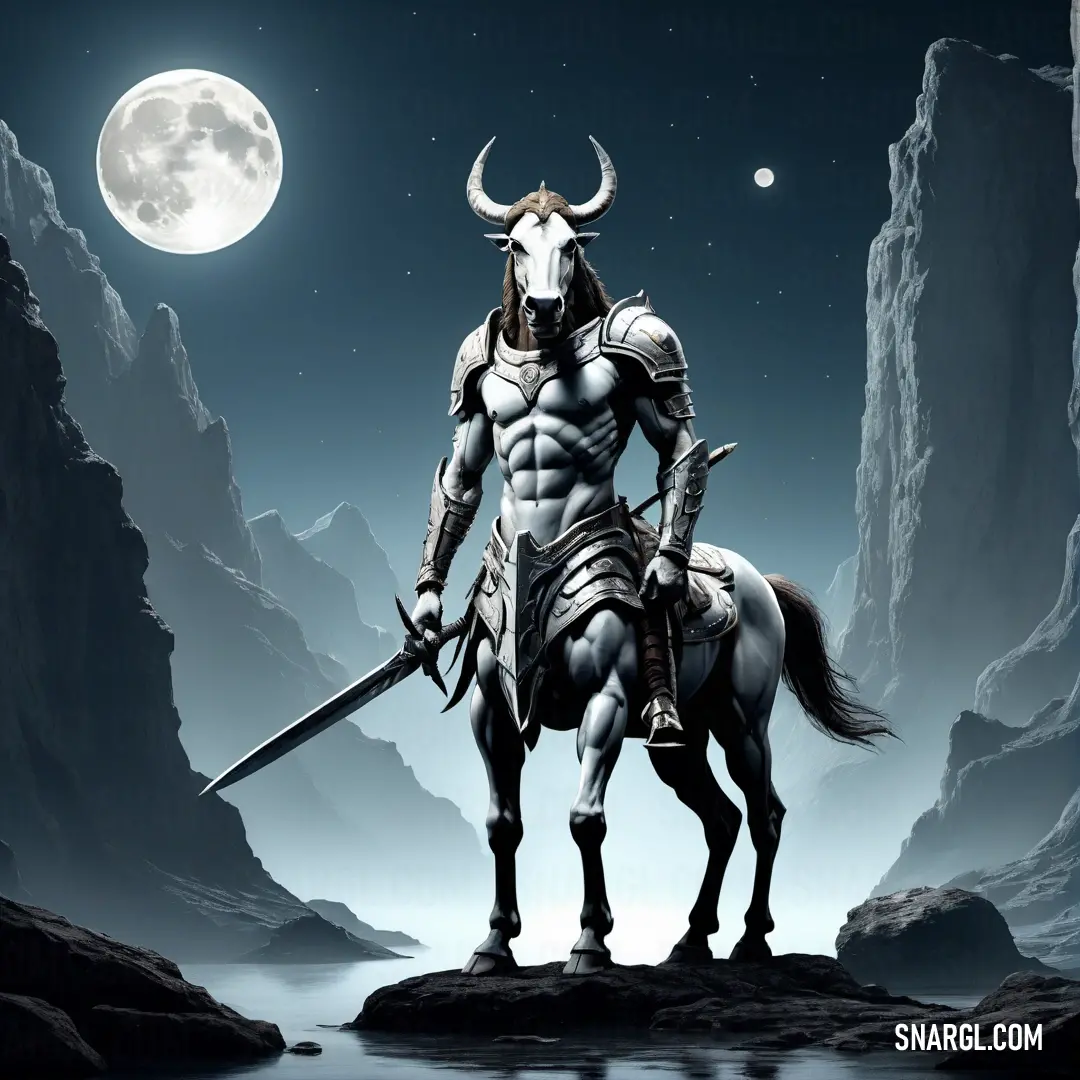 Centaur on a horse with a sword and a helmet on standing in front of a mountain landscape with a full moon