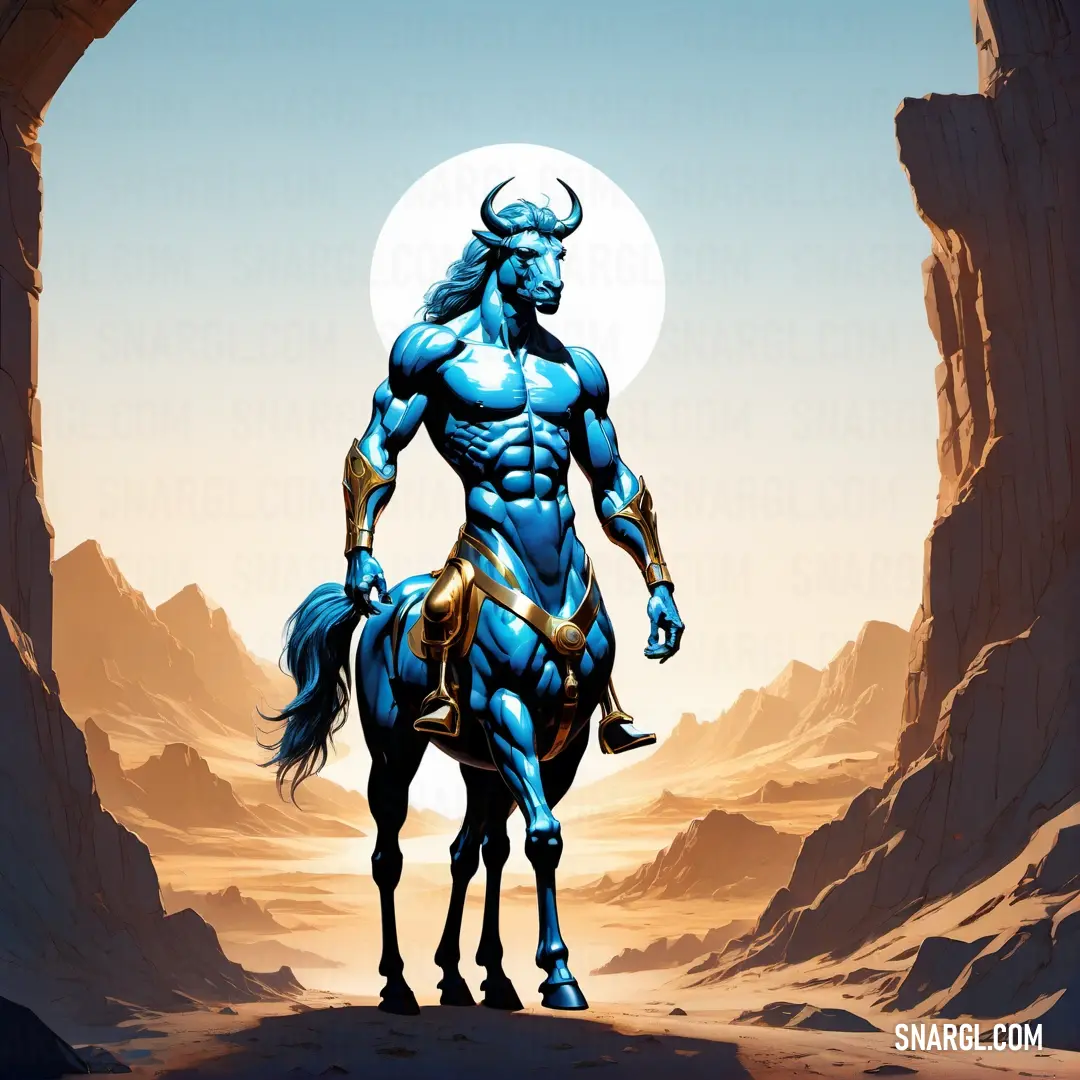 Centaur riding a horse through a desert landscape with a full moon in the background and a cave entrance