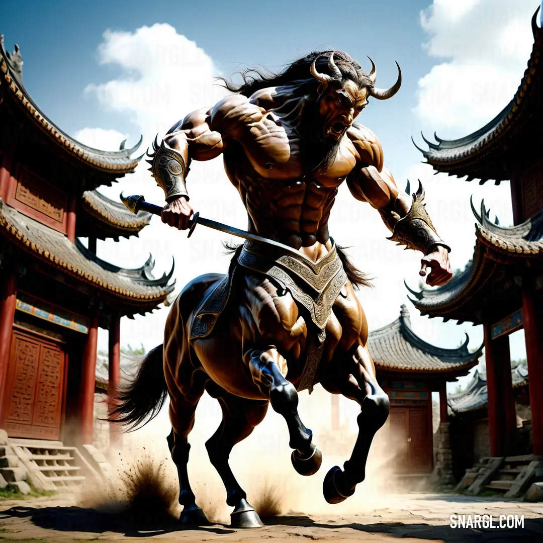 Centaur riding on the back of a brown horse next to a building with a sky background and clouds