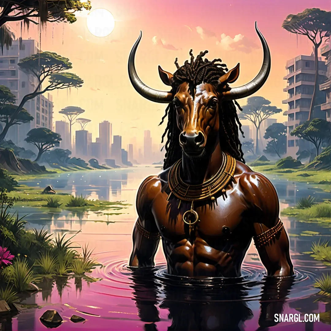 Painting of a bull with dreadlocks in a body of water with a city in the background