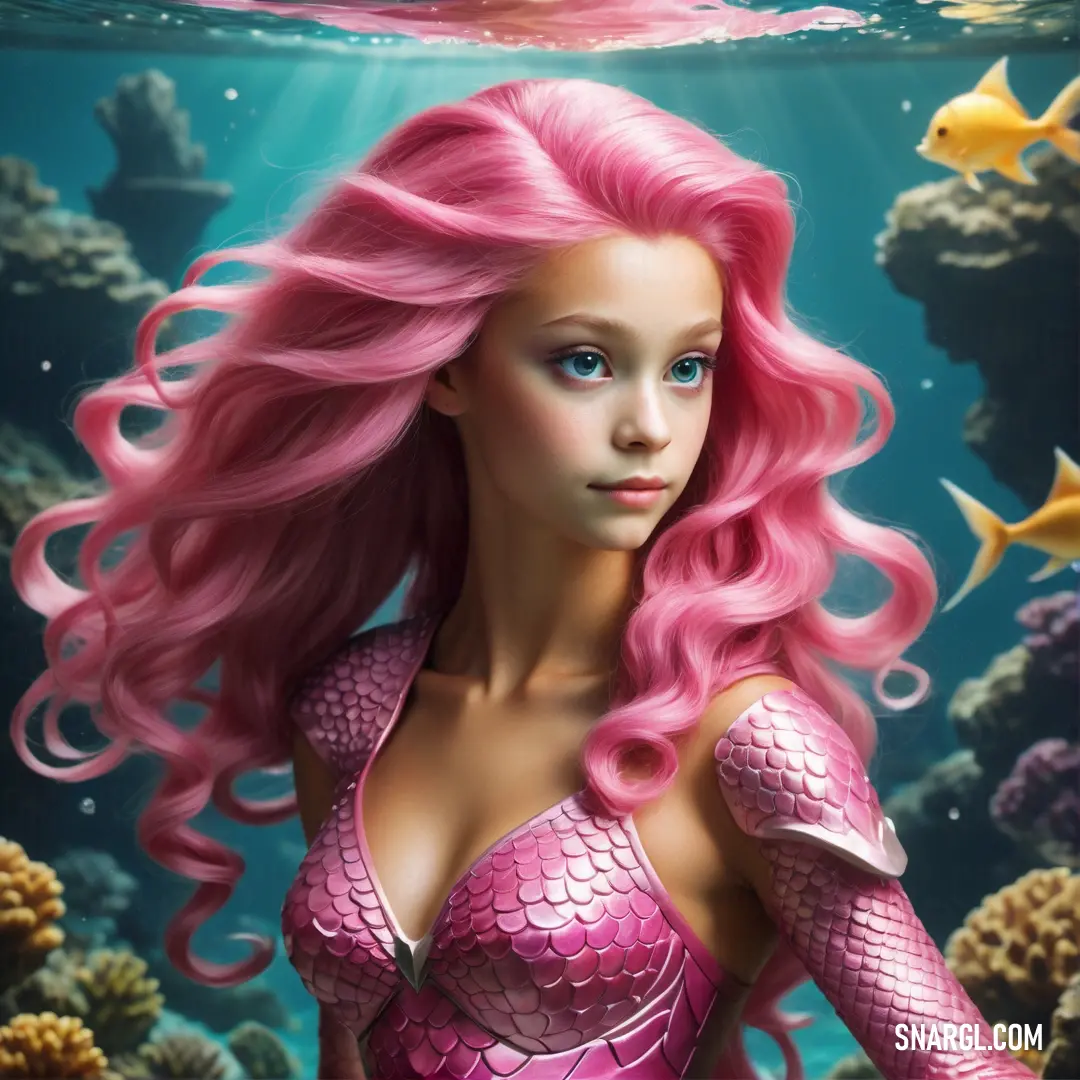 Cerise pink color example: Beautiful pink haired mermaid with pink hair and a fish tail under water with bubbles