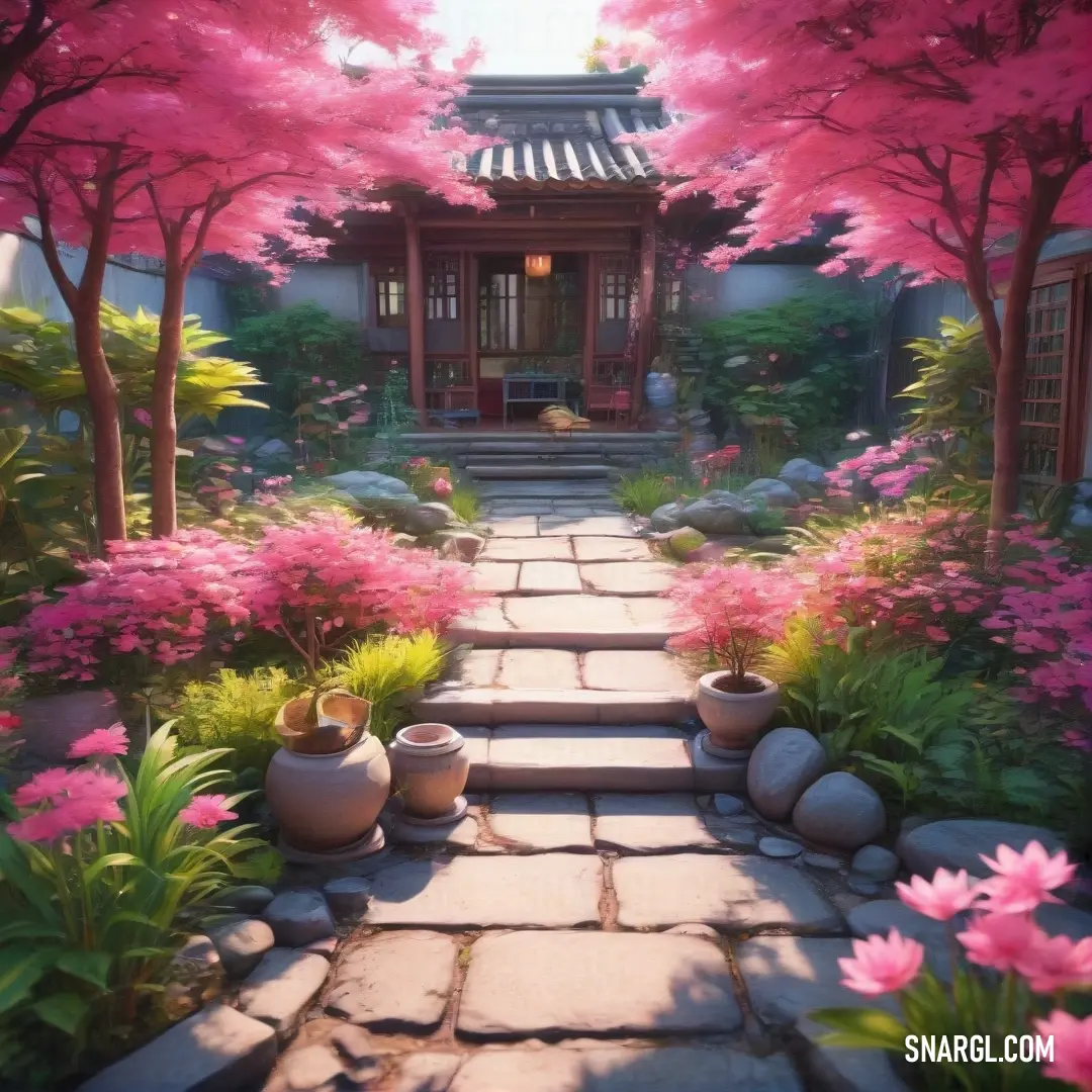 Garden with a path leading to a pavilion and a pink tree with flowers on it and a stone walkway. Color Cerise pink.