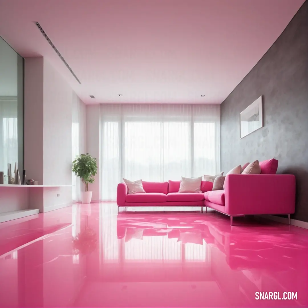 Cerise pink color example: Living room with a pink couch and a potted plant in the corner of the room and a window