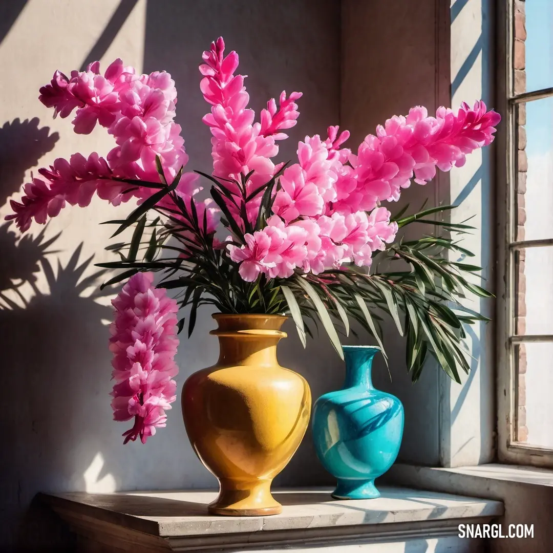 Vase with pink flowers on a window sill next to another vase. Color Cerise pink.