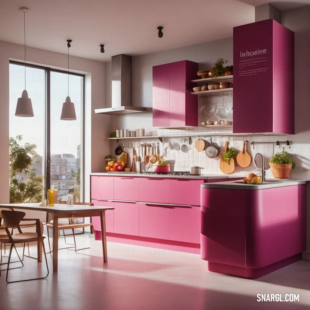 Kitchen with a pink cabinet and a table with chairs and a window in the background. Example of #EC3B83 color.