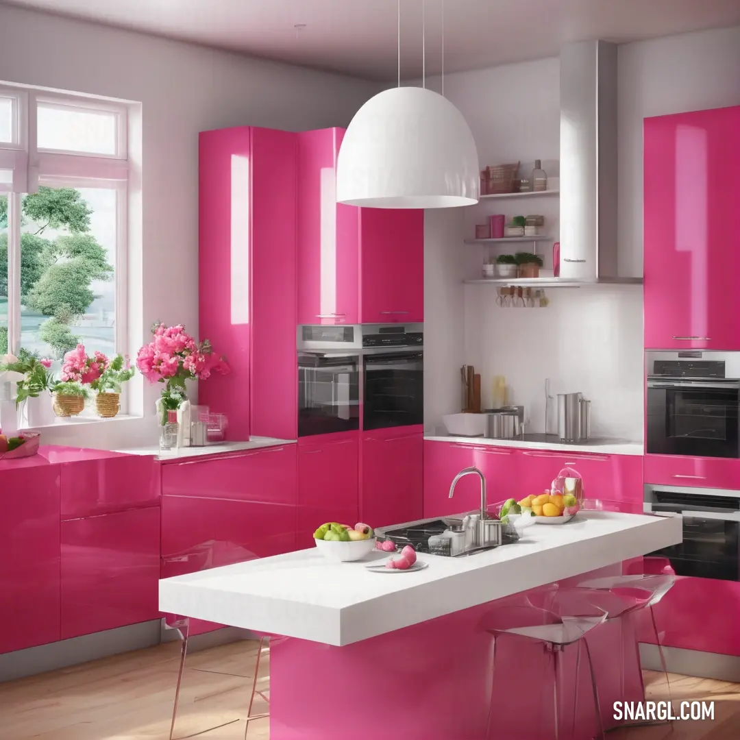 Kitchen with pink cabinets and a white counter top and a sink and oven and a window with a view of the outside