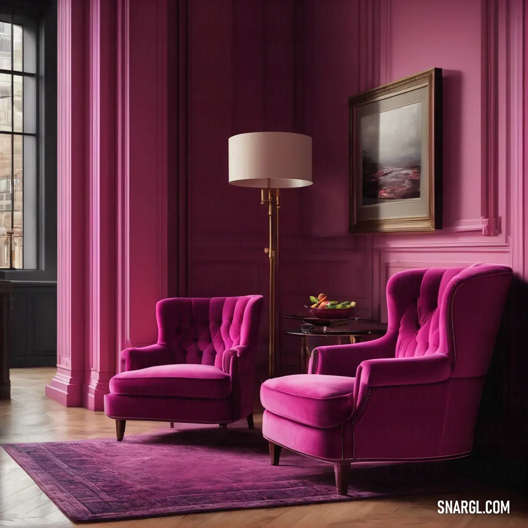 Cerise pink color. Living room with a purple chair and a pink rug on the floor and a lamp on the table