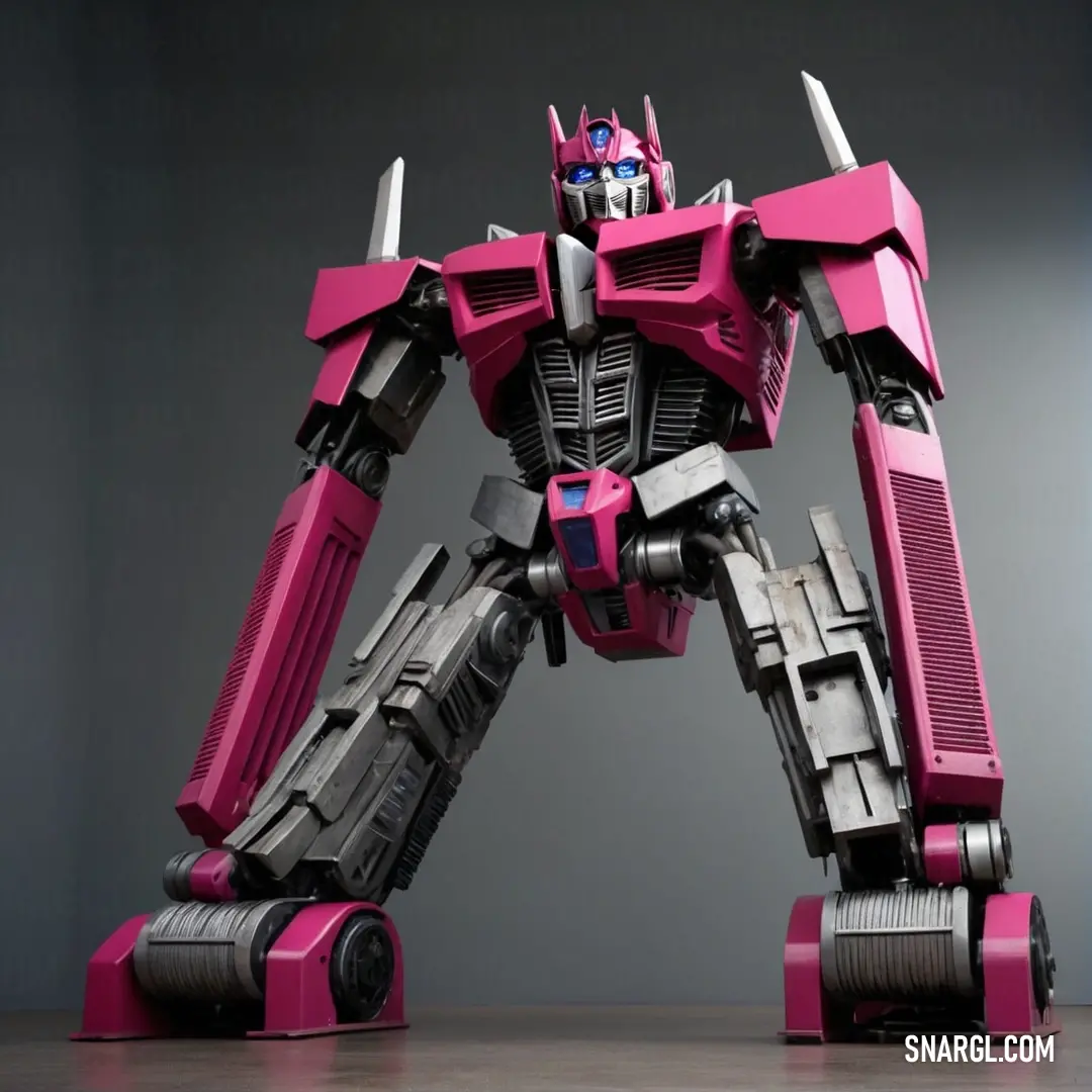 Pink and black robot with a large gun in its hand. Example of #EC3B83 color.