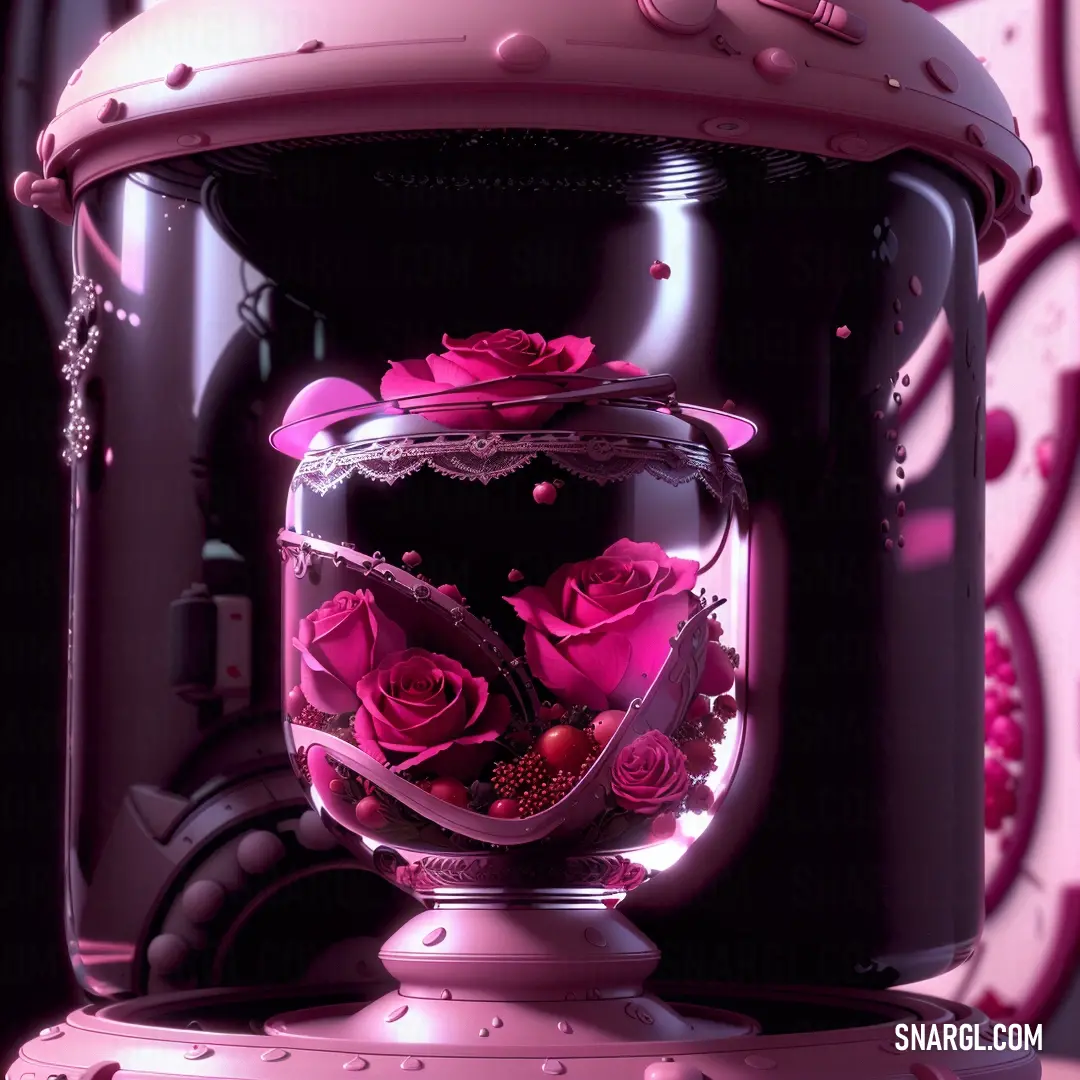 Pink and black vase with pink roses inside of it and a pink background with hearts and bubbles around it