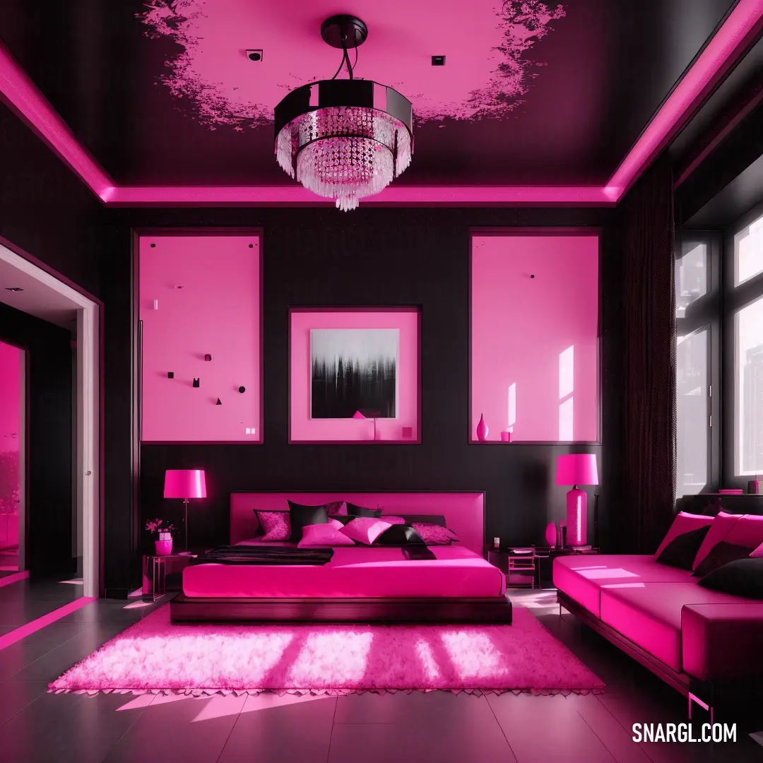 Pink bedroom with a chandelier and a pink couch and chair in the corner of the room