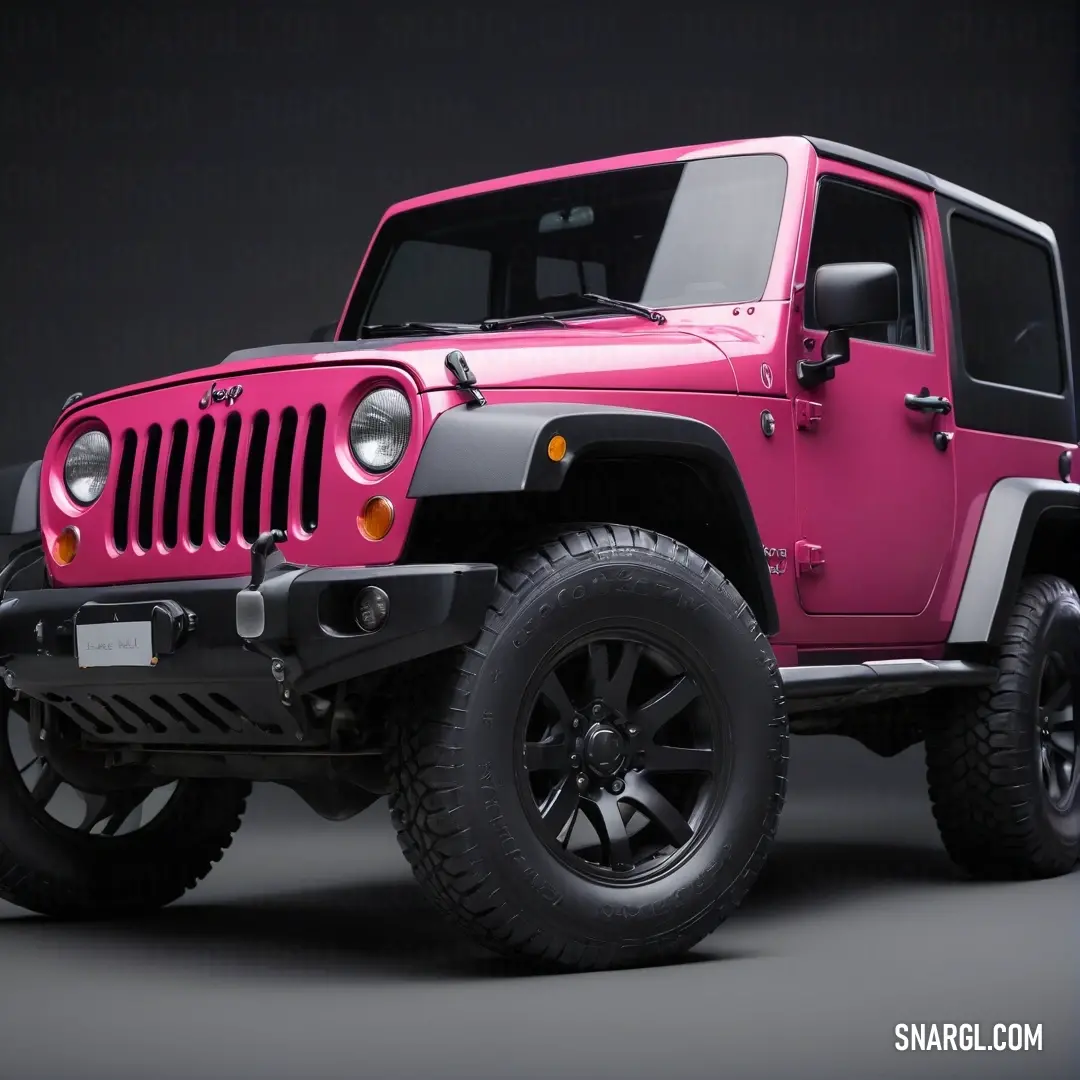 Pink jeep is parked in a dark room with a black background. Color Cerise pink.