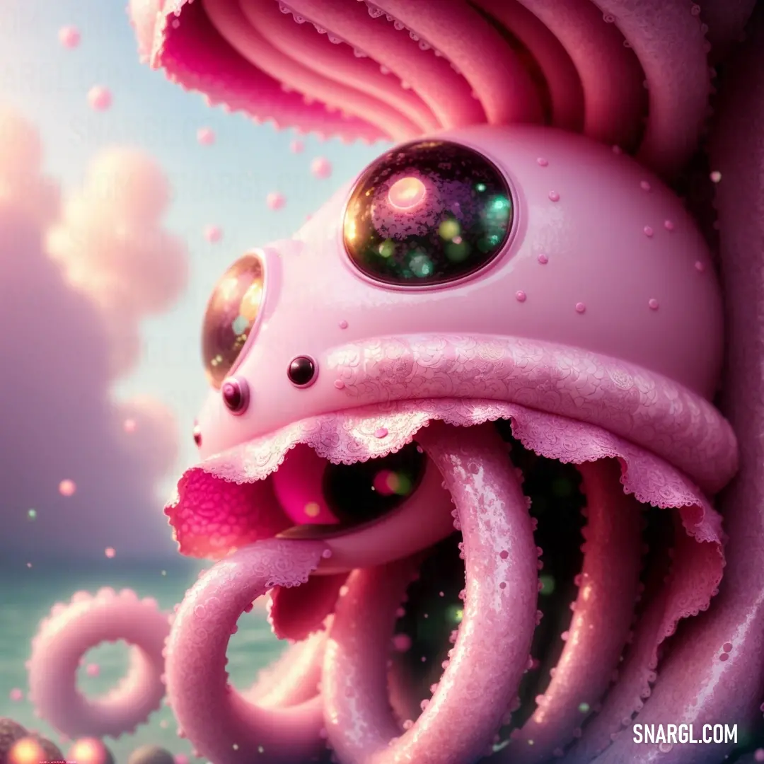 Pink octopus with a bubble eye and a pink hat on its head is floating in the air with bubbles