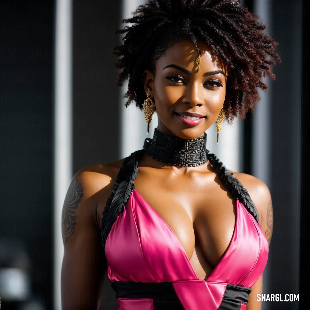 Woman with a pink dress and a choker on her neck and chest is smiling at the camera