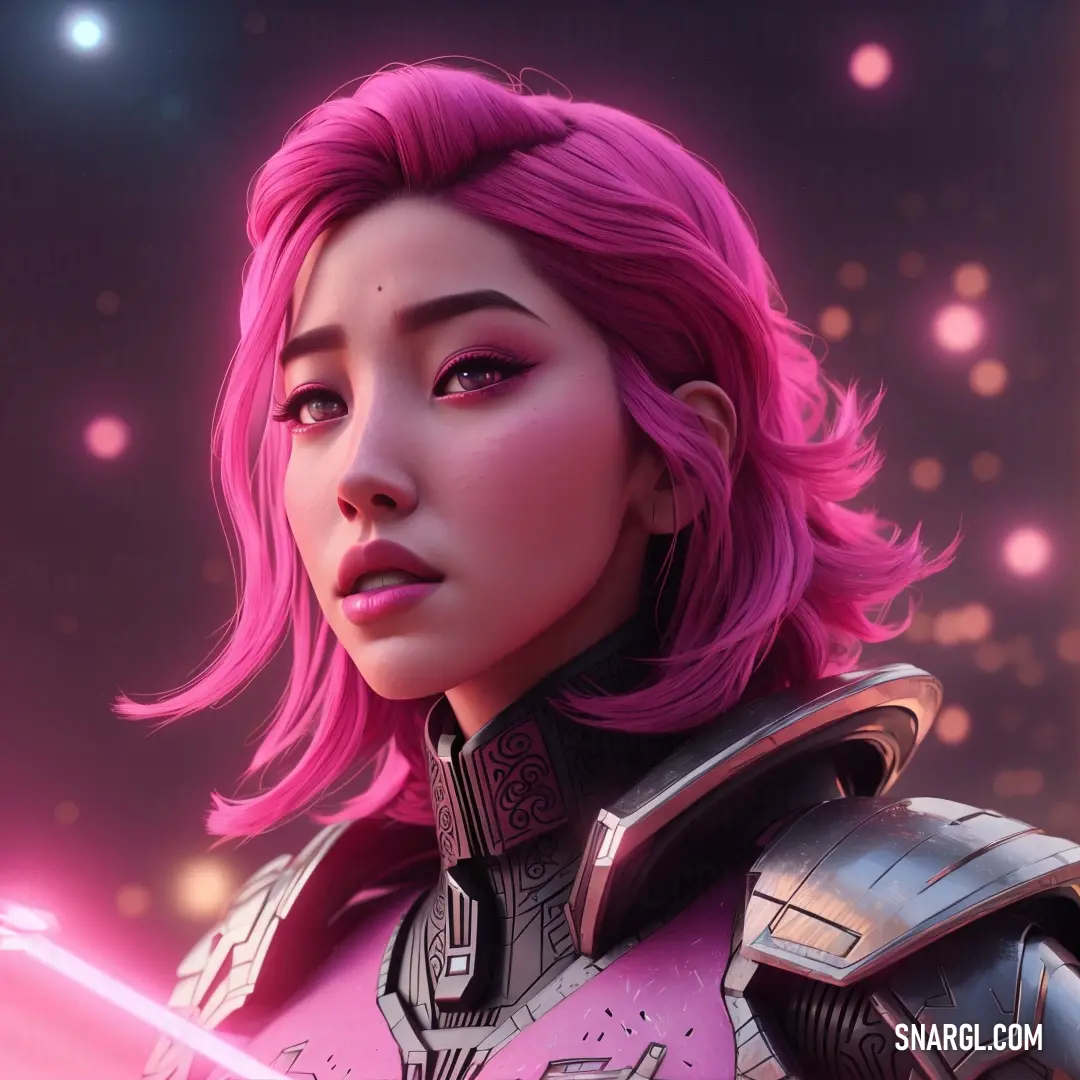 Woman with pink hair and armor holding a sword in her hand and looking at the camera with a glowing background