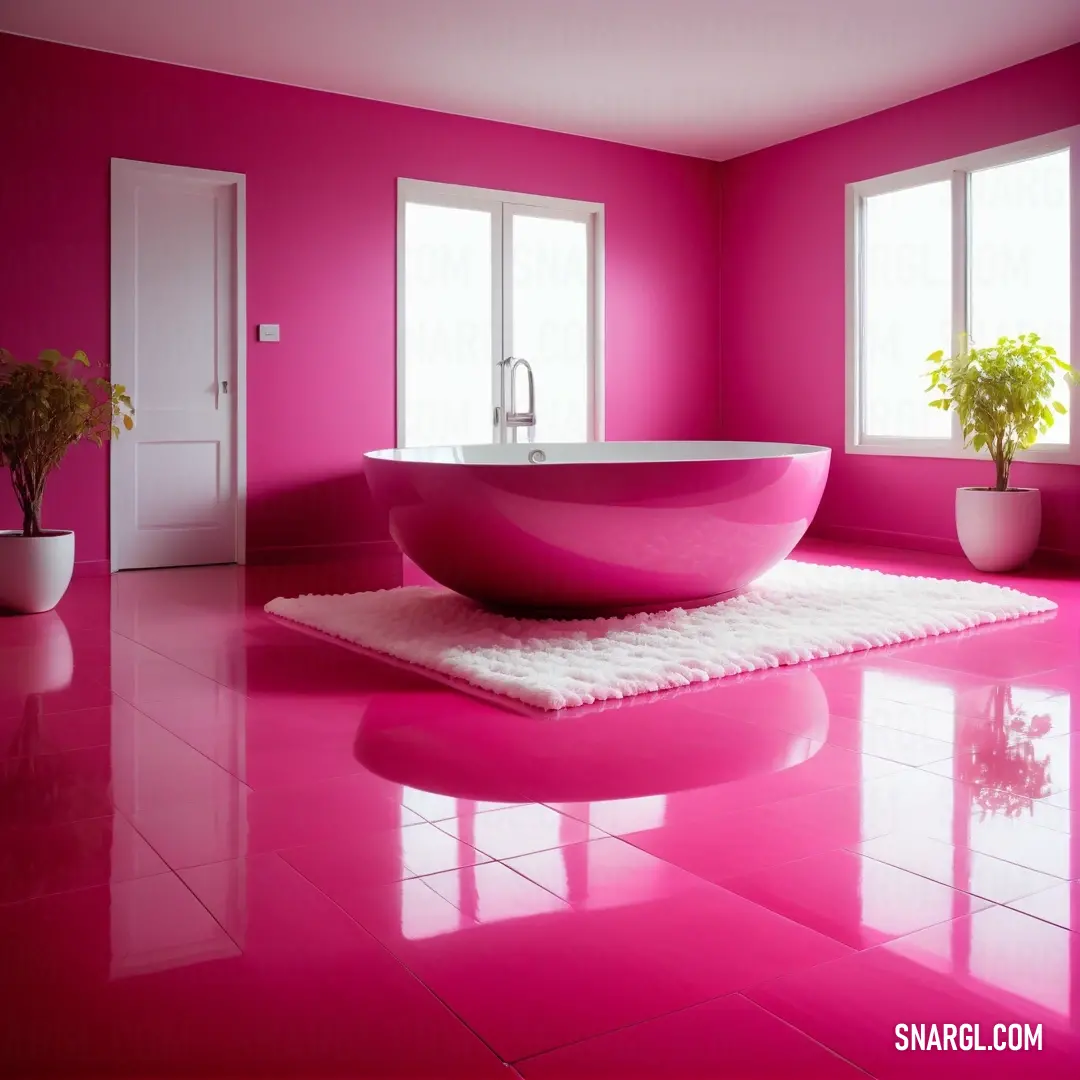 Bathroom with a pink bathtub and a white rug on the floor and a potted plant in the corner. Color CMYK 0,78,55,13.