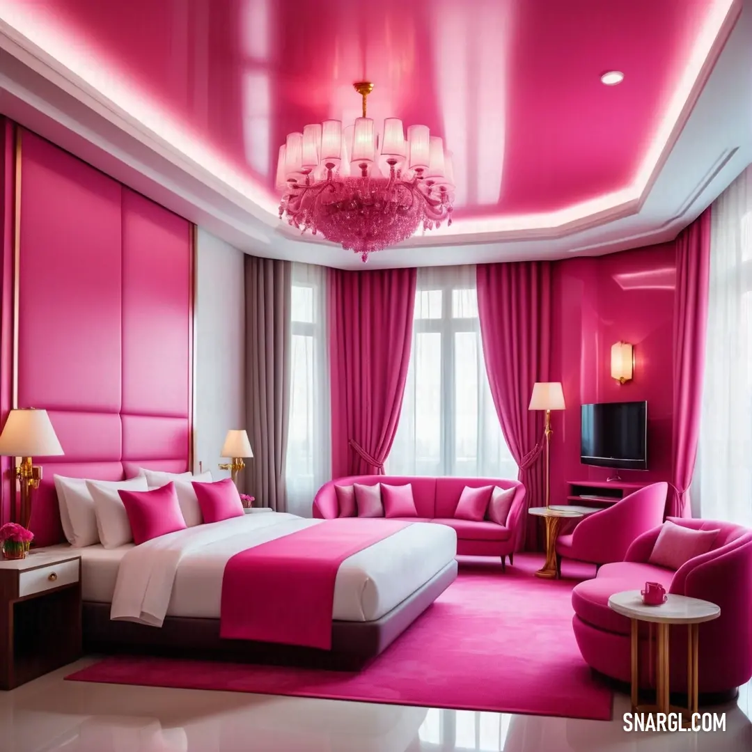 Cerise color. Bedroom with a pink theme and a chandelier hanging from the ceiling