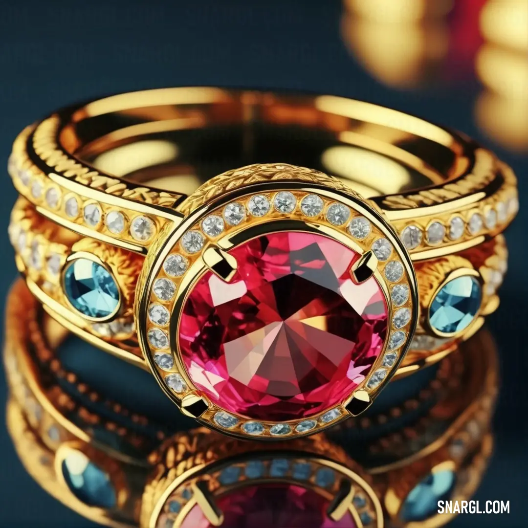 Cerise color. Close up of a ring with a pink stone in it and two blue and white stones on the side