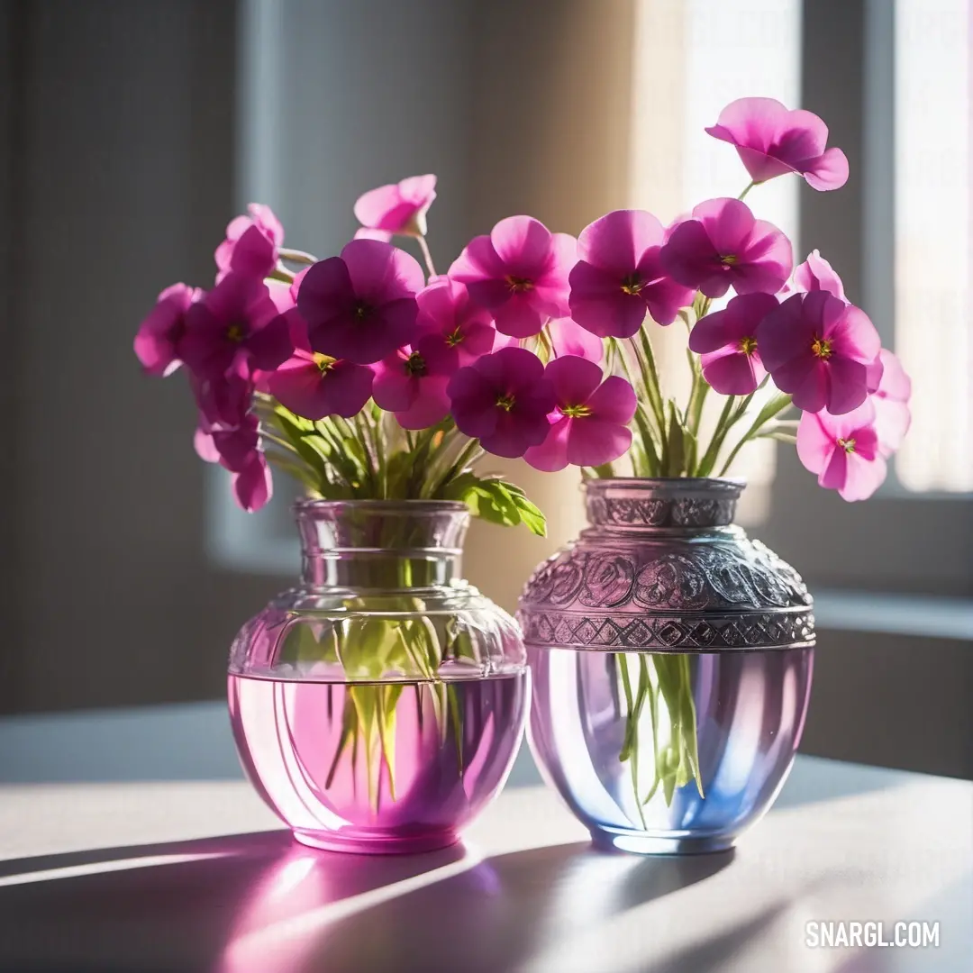 Couple of vases that have flowers in them on a table with a window behind them and a light coming through the window