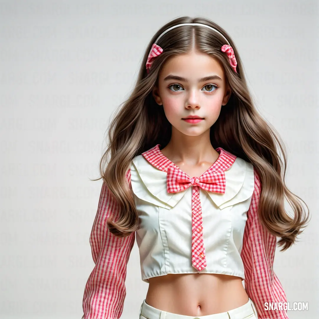 Cerise color example: Doll with long hair wearing a white shirt and pink bow tie and white pants with a red checkered shirt
