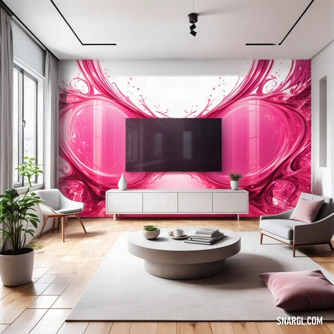 Living room with a large tv and a pink wall mural on the wall of the room. Color #DE3163.