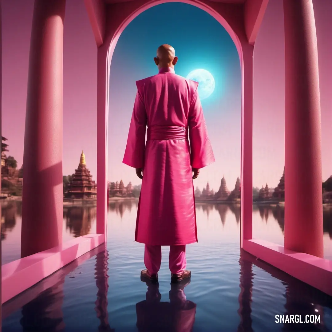 Man in a pink robe standing in a doorway looking at a lake and a full moon in the sky. Color #DE3163.