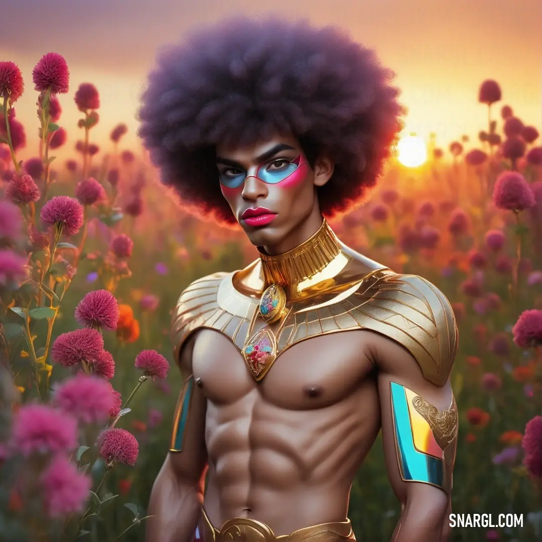 Man with a afro is standing in a field of flowers with a gold collar and blue eyeshadow. Example of Cerise color.