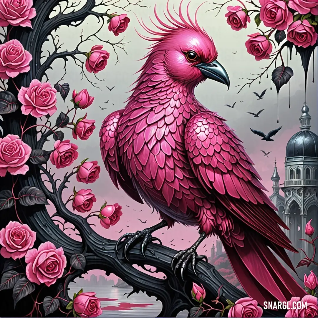 Pink bird on a branch with pink roses around it and a castle in the background. Color CMYK 0,78,55,13.