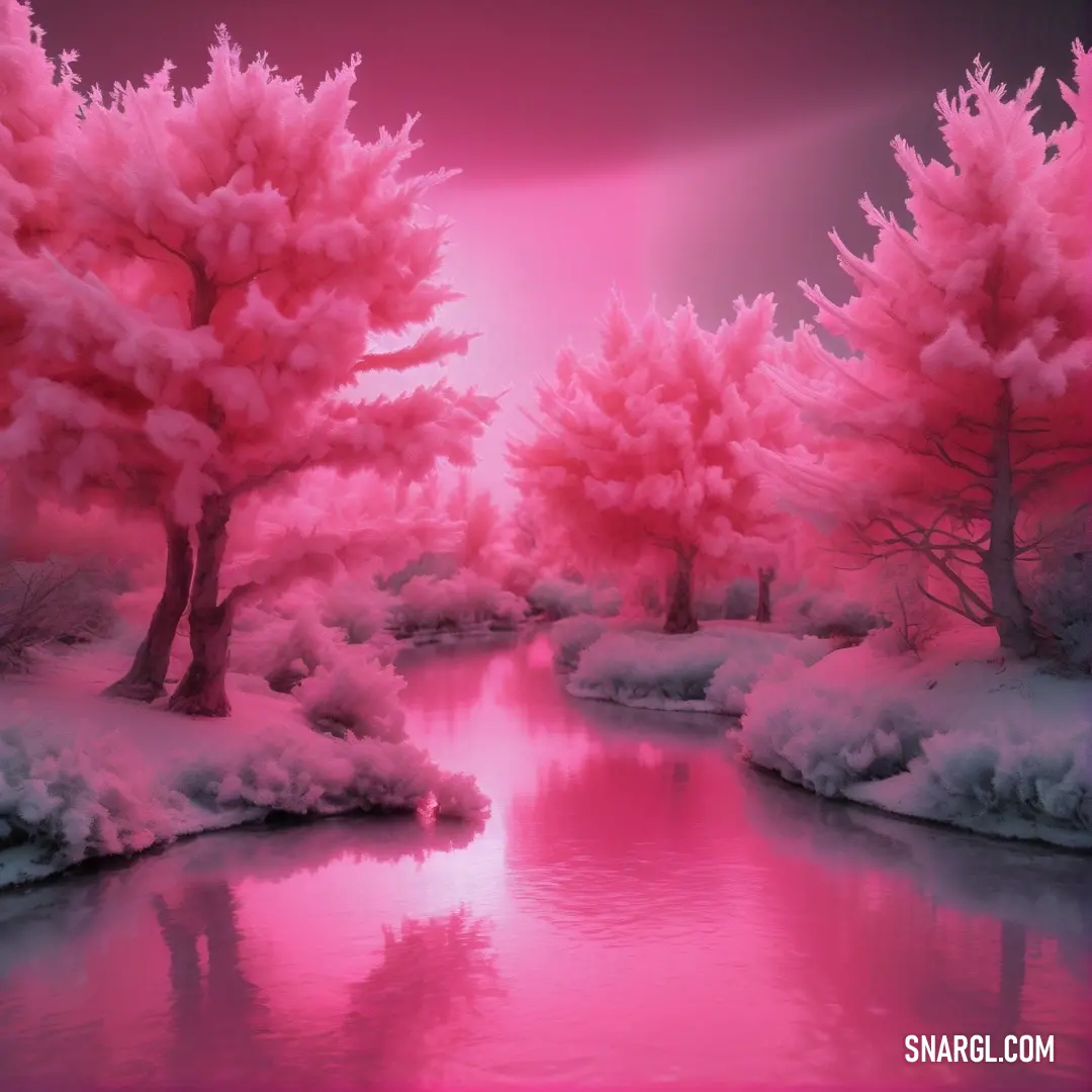 Pink landscape with trees and a river in the foreground. Example of Cerise color.