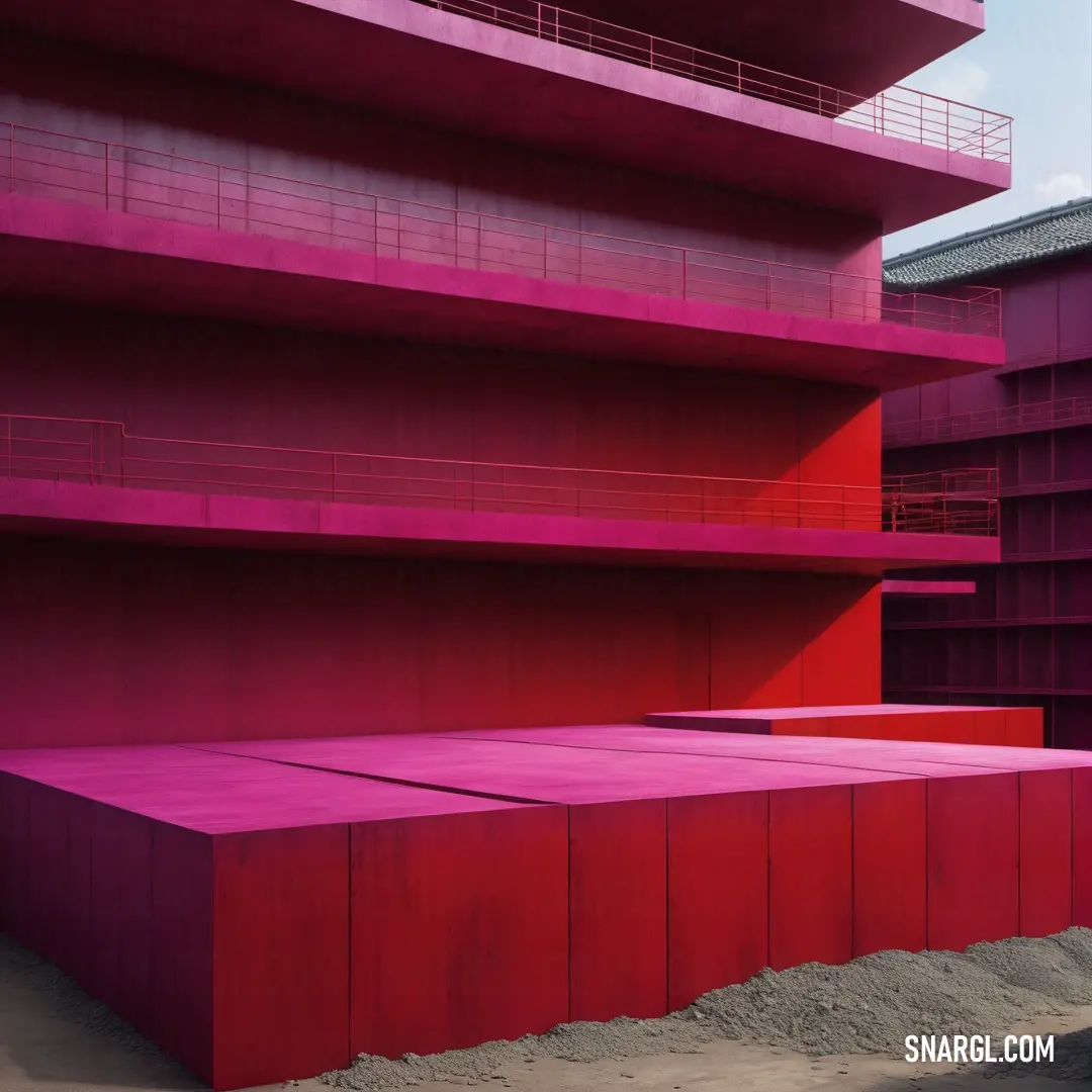 Sculpture is shown in a pink room with a pink ceiling and a pink light coming through the ceiling. Color CMYK 0,78,55,13.