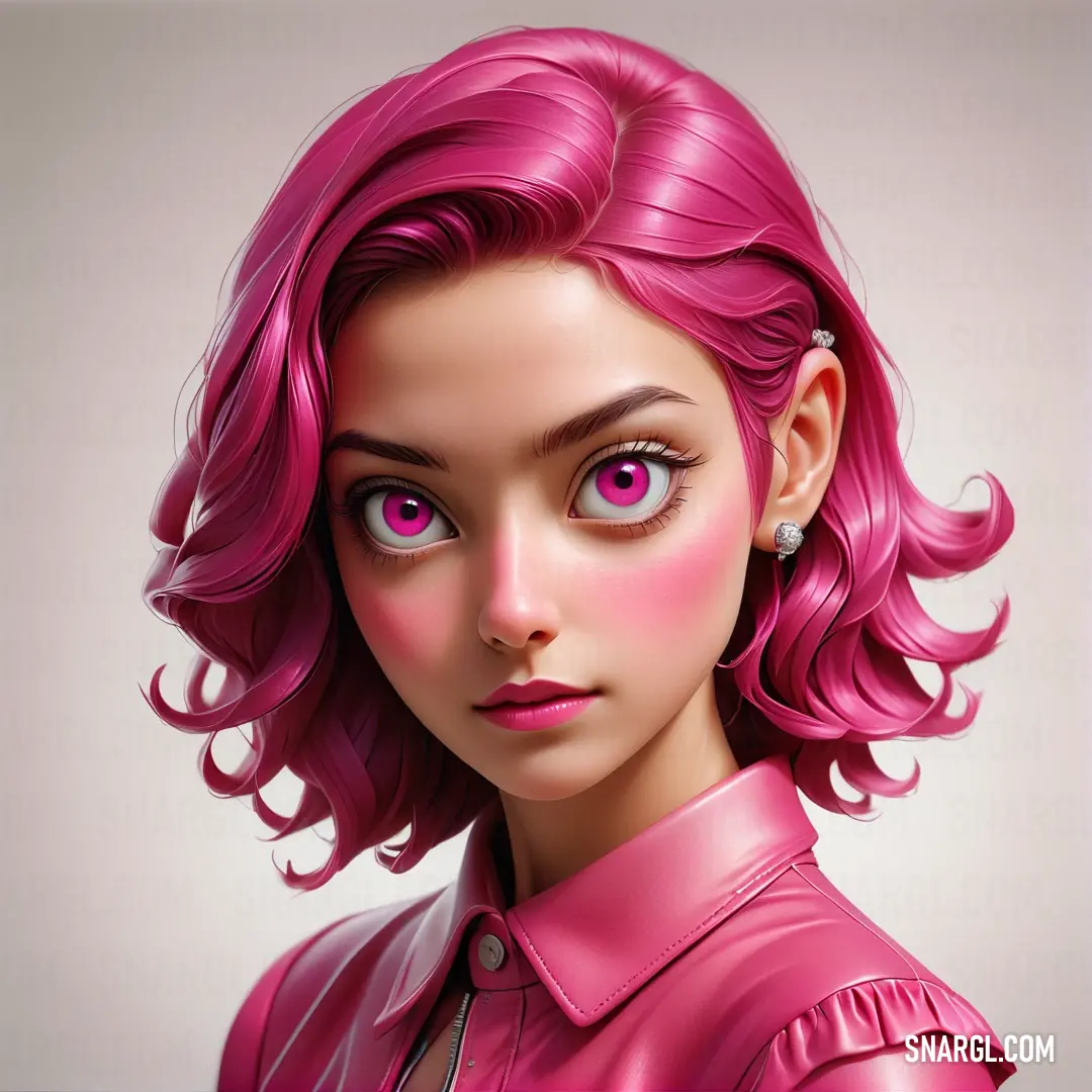 Woman with pink hair and a pink shirt is shown in this digital painting style photo of a woman with pink hair. Example of CMYK 0,78,55,13 color.