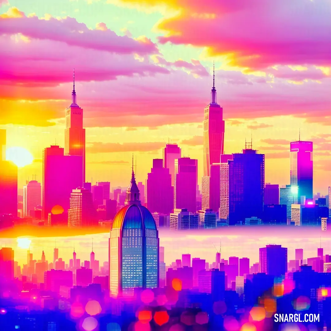 City skyline with a rainbow colored sky and clouds in the background and a pink and blue sky