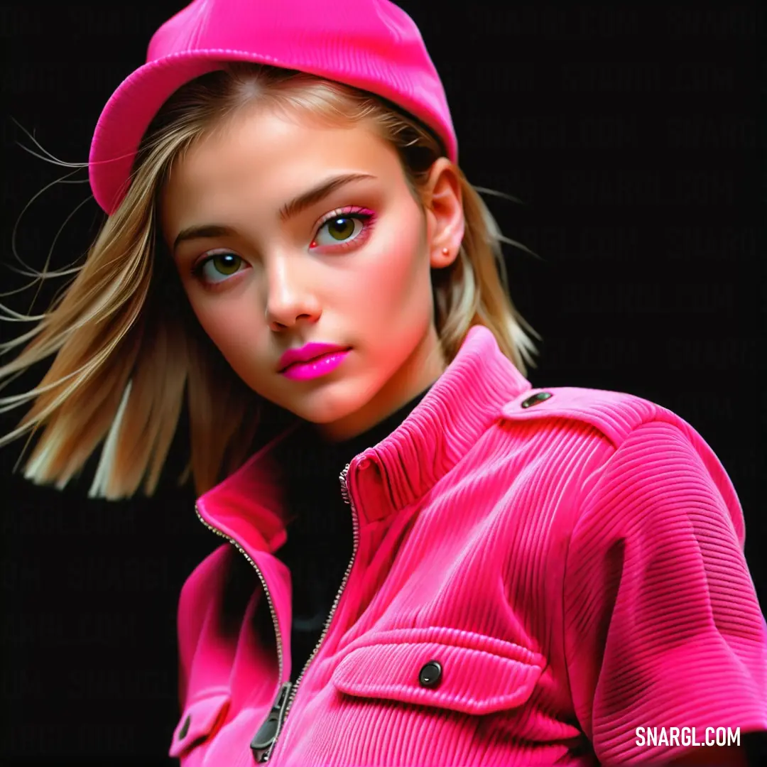 Painting of a girl in a pink hat and jacket with a black background. Color Cerise.