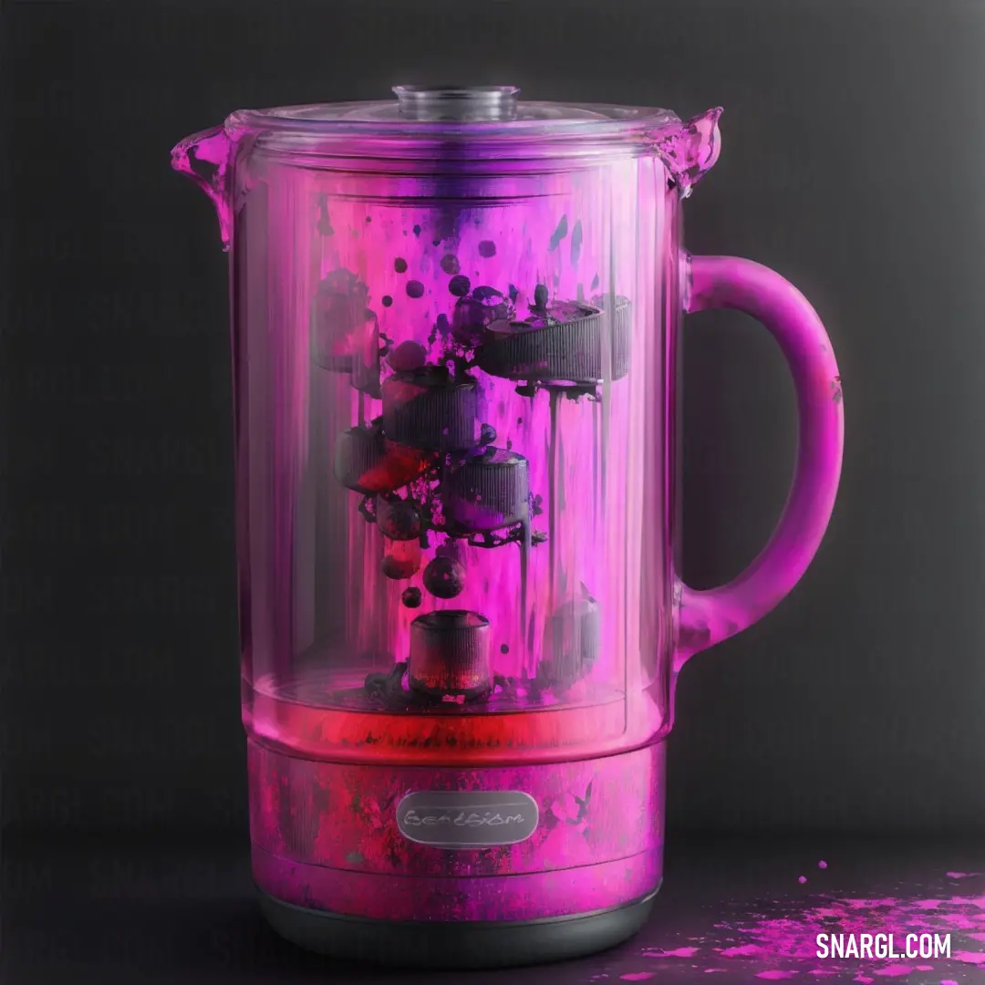 Pink colored blender with a lot of stuff inside of it on a table top with a black background